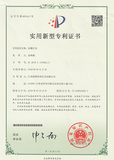 explosion proof lights Appearance patent certificate